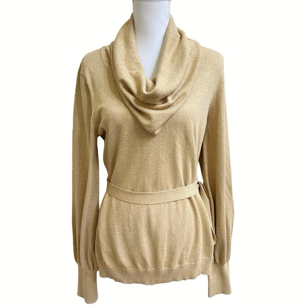 Victor Costa Vtg Cowl Neck Sweater Sz L Metallic Gold Tie Waist Knit Top L/S